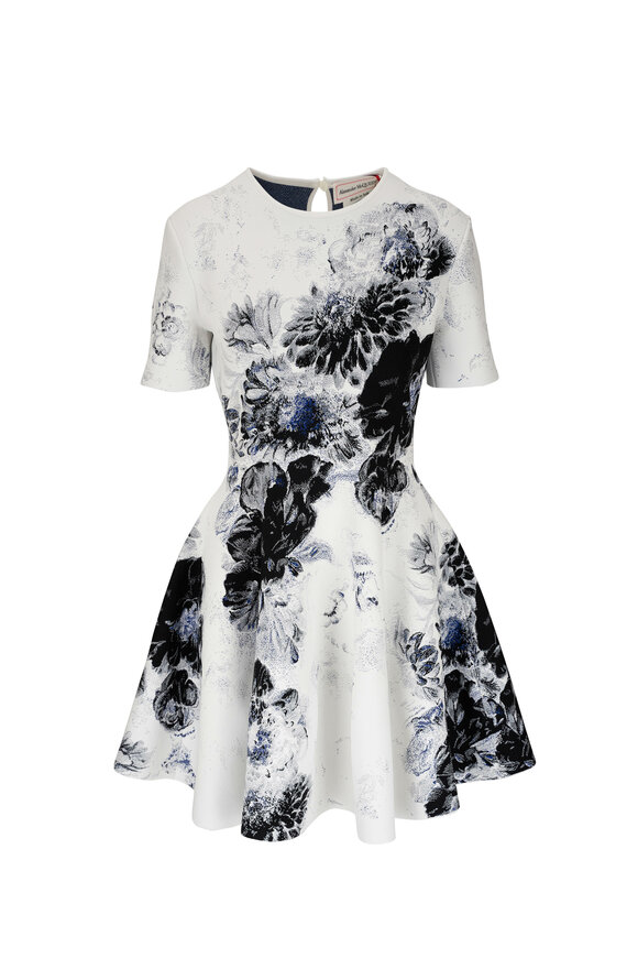 McQueen Jacquard-Knit Floral Print Flare Dress
