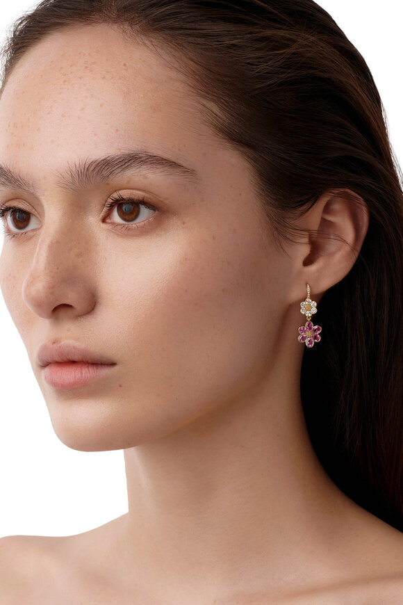 Temple St. Clair 18k Gold Diamond Pink Sapphire Fiori Drop Earrings - view 2