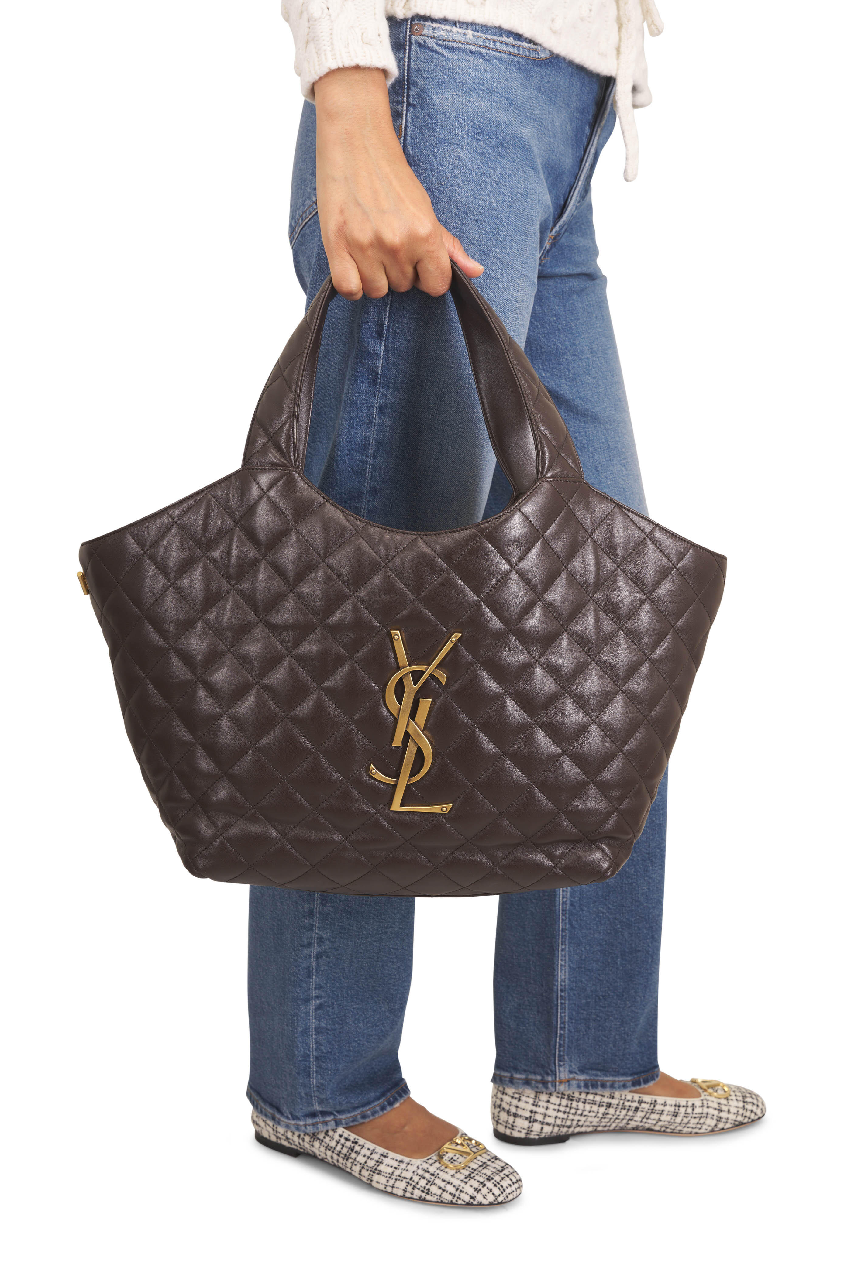 Saint Laurent - Medium Icare Dark Chocolate Leather Shopping Tote - view 2