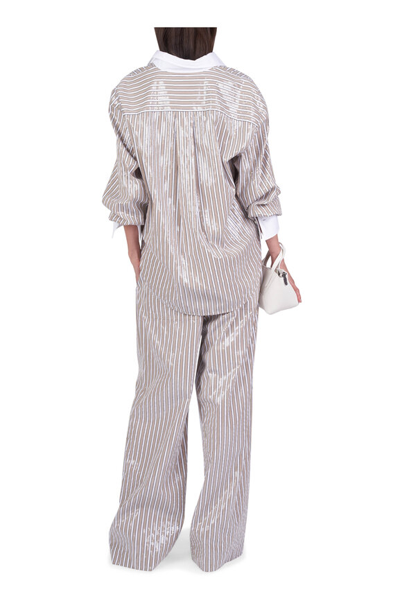 Brunello Cucinelli Beige & White Stripe Paillette Pant - view 4