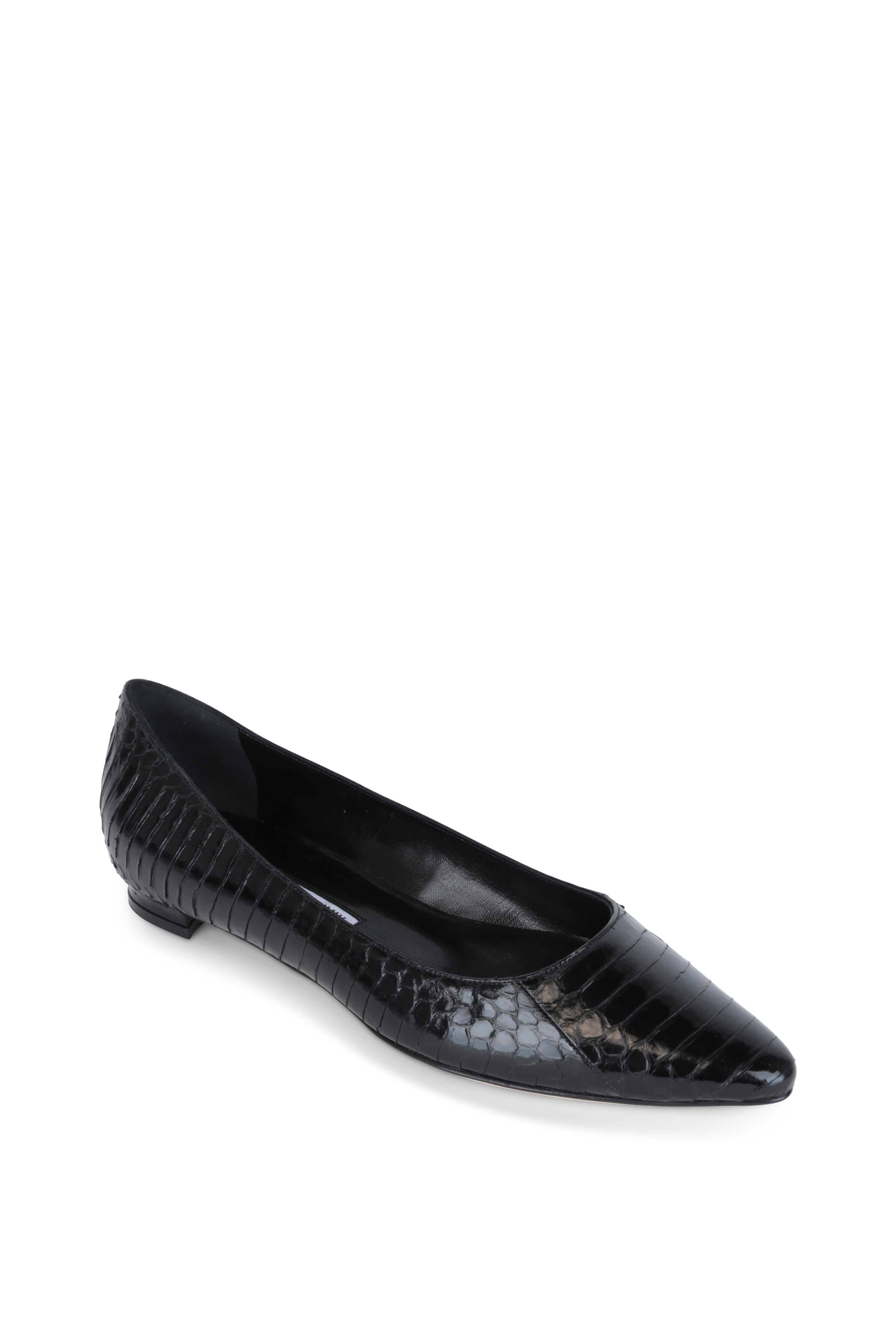 Manolo Blahnik - Titto Black Snakeskin Pointed Flat