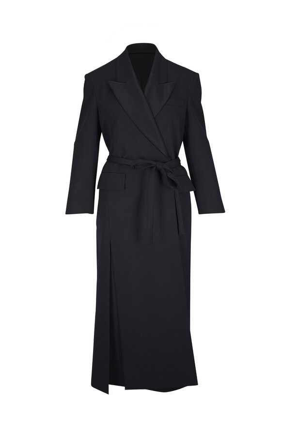 Valentino - Side Tie Black Stretch Wool Long Coat