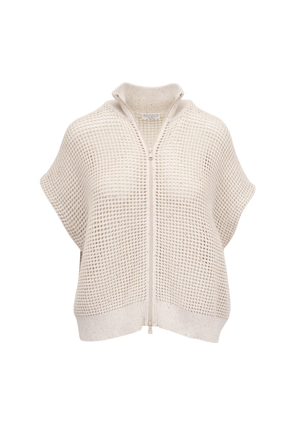 Brunello Cucinelli Oat Cotton Net Zip Sequin Cardigan