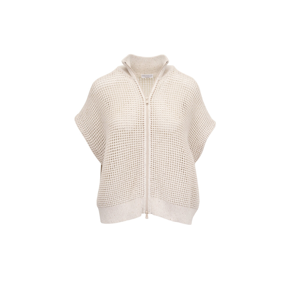Brunello Cucinelli - Oat Cotton Net Zip Sequin Cardigan