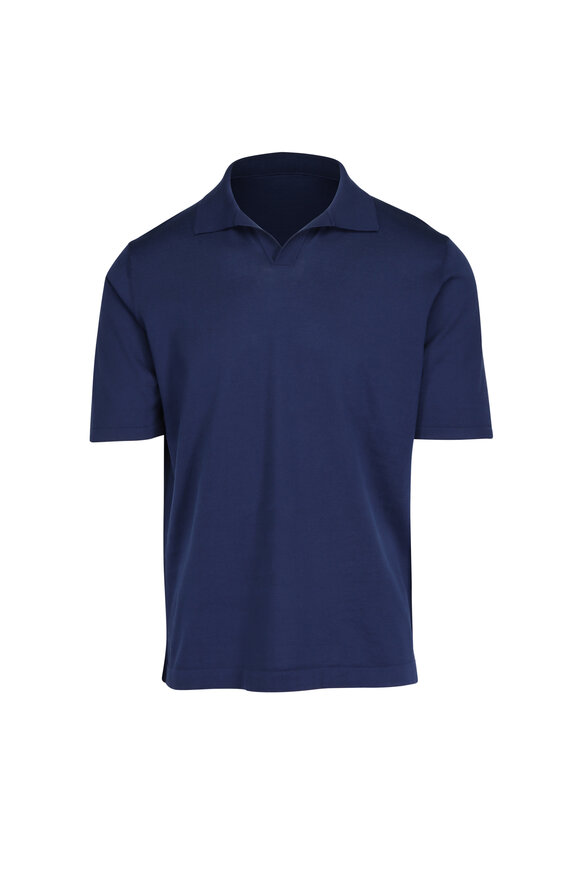 Cesare Attolini Navy Blue Cotton Johnny Collar Polo