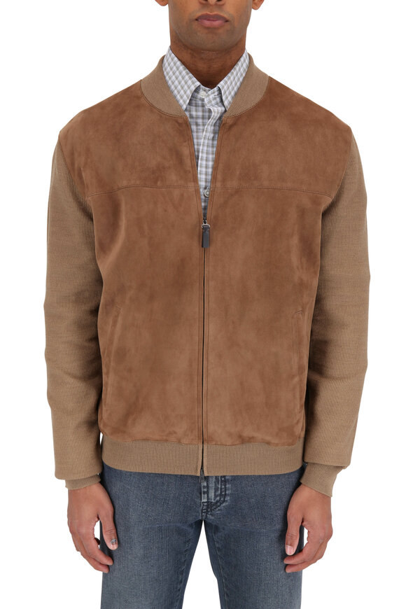 Brioni - Camel Suede Front Zip Bomber Jacket