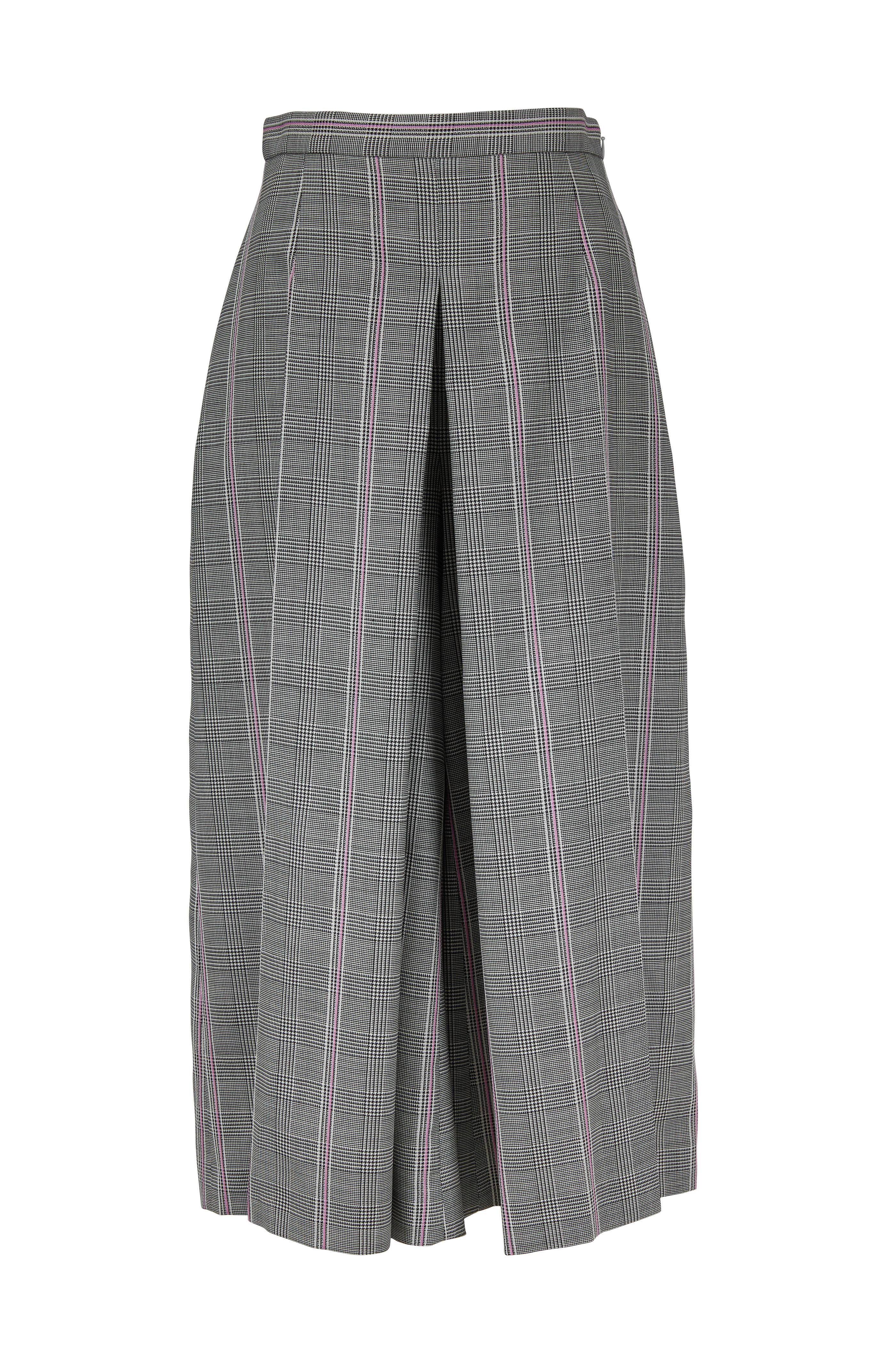 McQueen - Black, White & Pink Plaid Wool Wide Leg Crop Pant