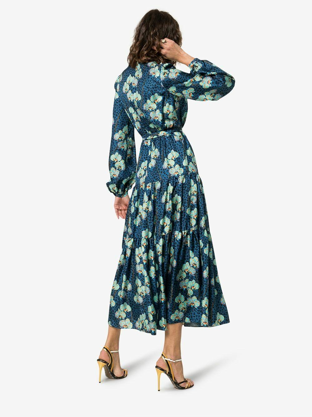 Borgo De Nor - Turquoise Silk Leopard Floral Print Maxi Dress