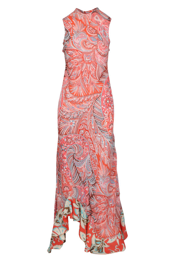 Etro Orange Paisley Ruffle Maxi Dress