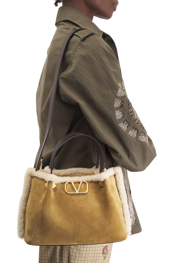 Valentino Garavani Small VLogo Genuine Shearling Trim Suede Tote - view 2