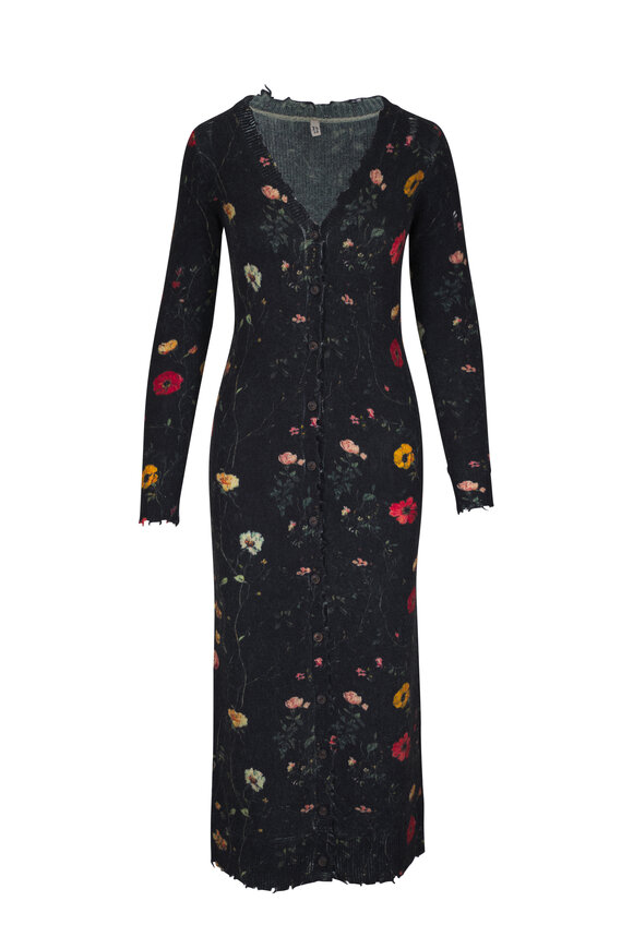 R13 Black Floral Print Wool Cardigan Dress