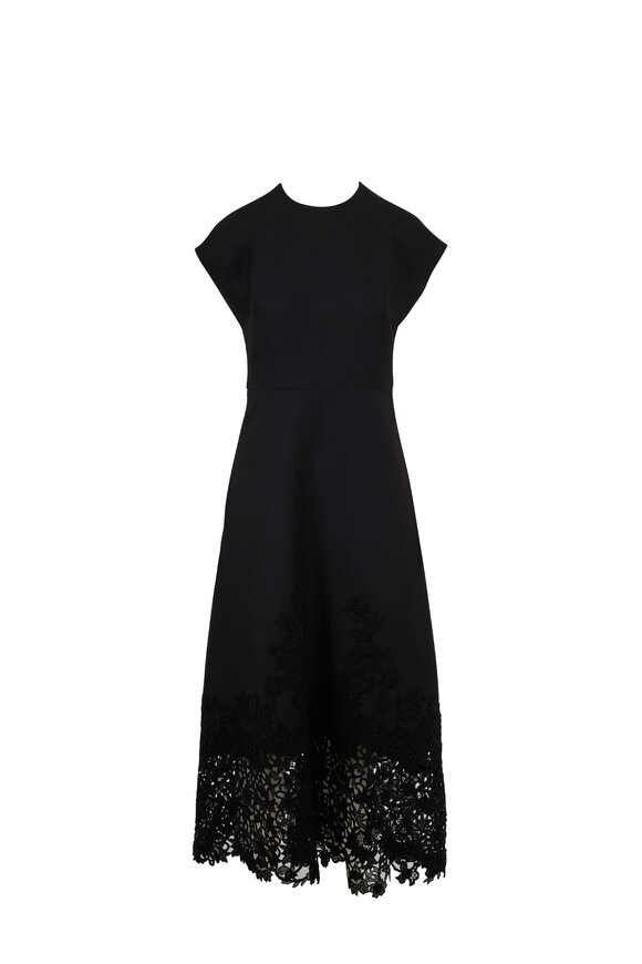 Valentino - Black Embroidered Lace Hem Cap Sleeve Dress