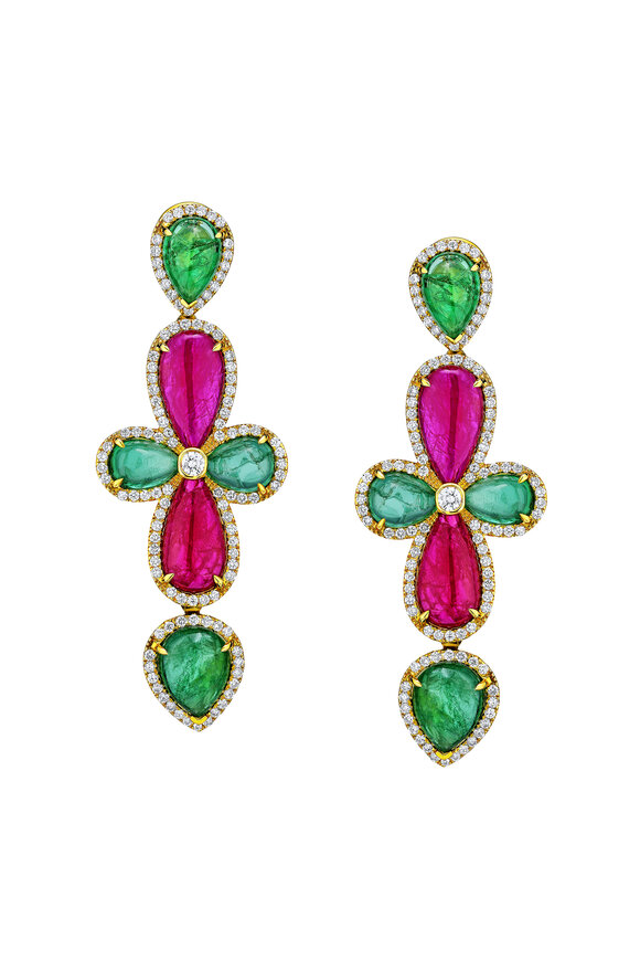Alexander Laut 18k Yellow Gold Diamond Emerald & Ruby Earrings