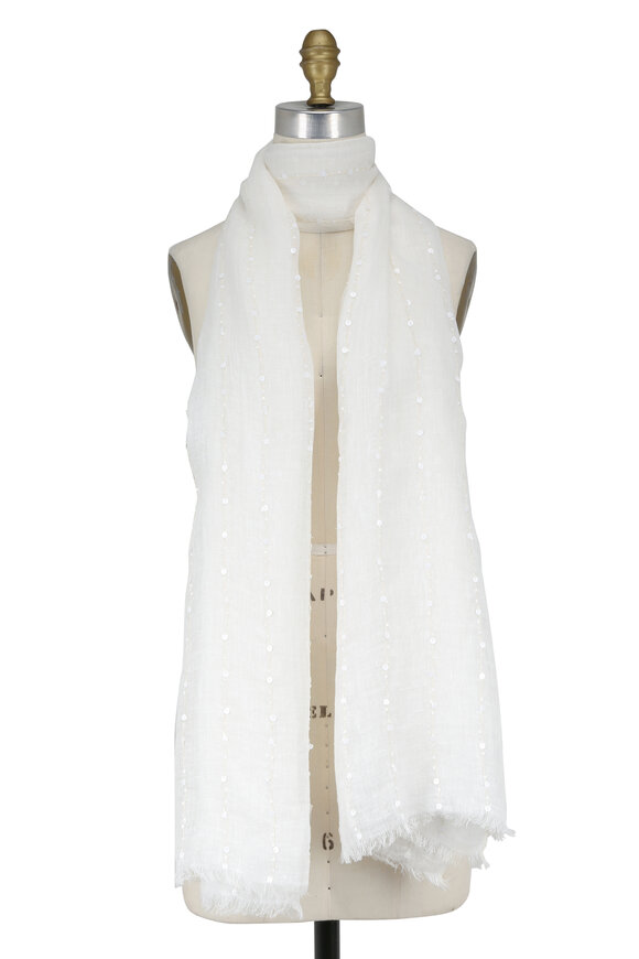 Brunello Cucinelli - White Linen Pailette Striped Scarf