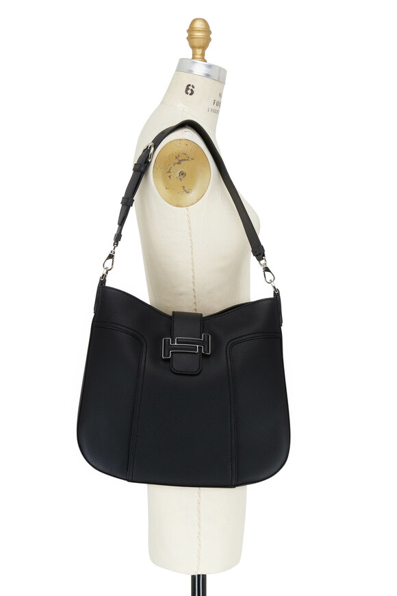 Tod's - Double T Black Grained Leather Medium Hobo Bag