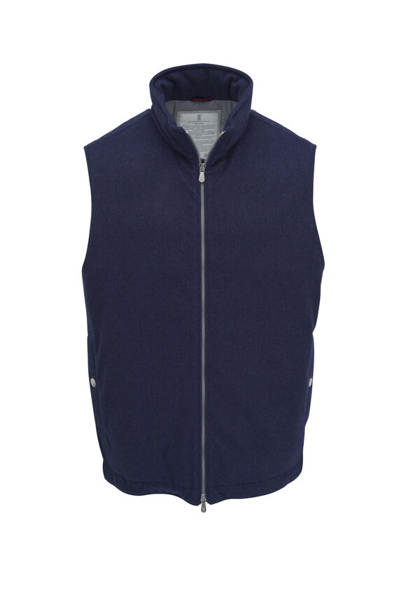 Brunello Cucinelli Navy Bonded Wool Flannel Down Vest