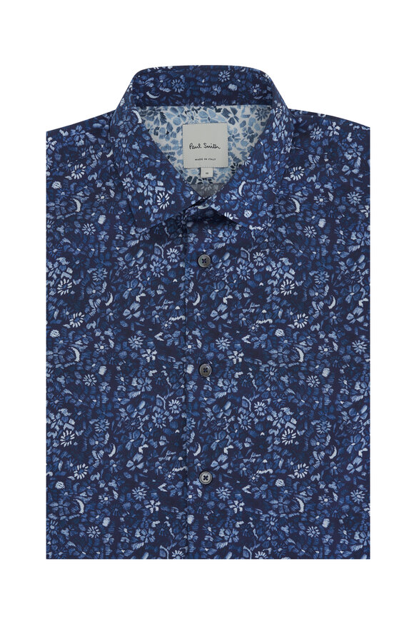 Paul Smith Navy Blue Floral Cotton Dress Shirt 