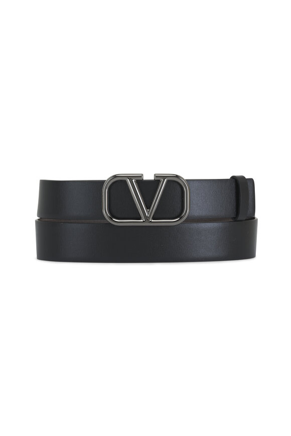 Valentino Garavani - Metallic Anthracite & Black Leather Vlogo Belt 