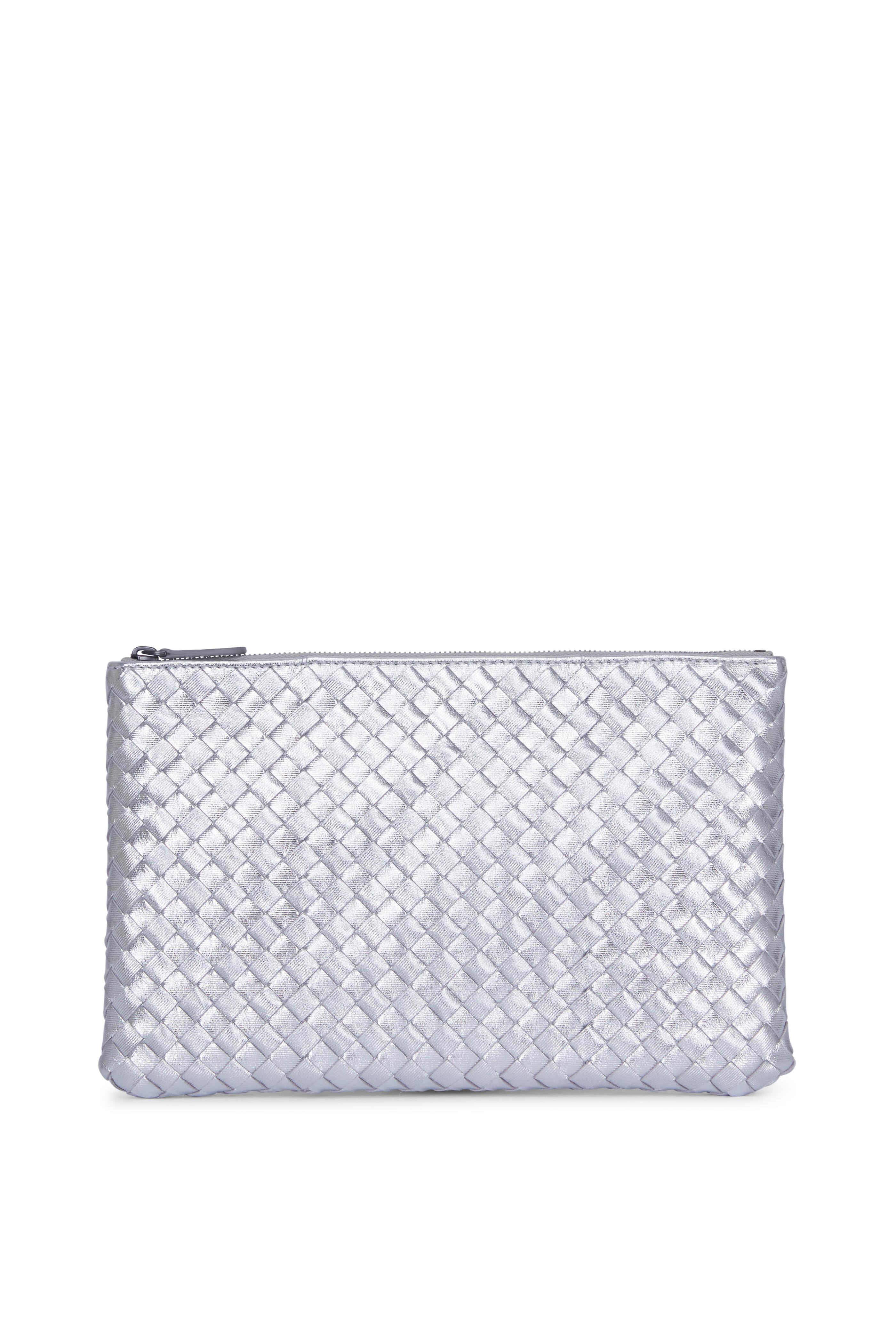 Bottega Veneta - Silver Metallic Intrecciato Small Zip Clutch