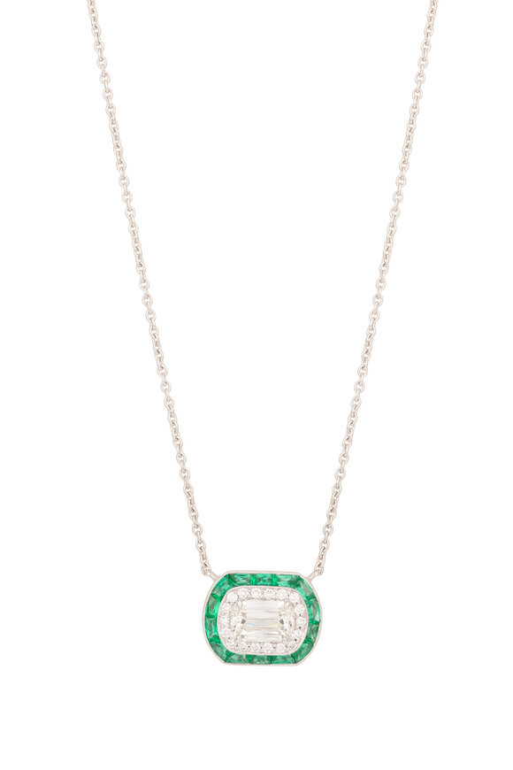 Kwiat 18k White Gold Diamond & Emerald Halo Necklace - view 2