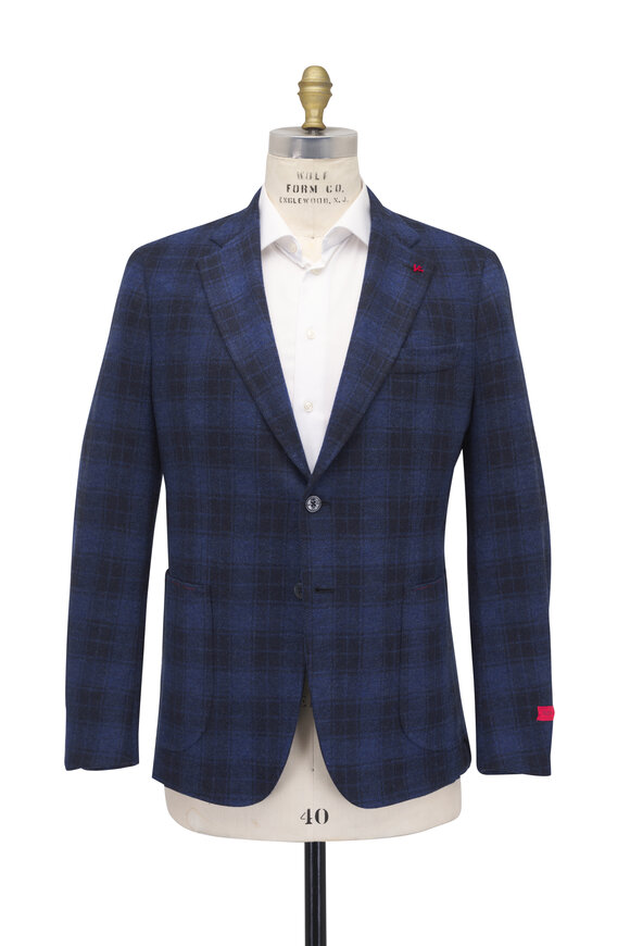 Isaia Blue Windowpane Plaid Wool Sportcoat - view 4