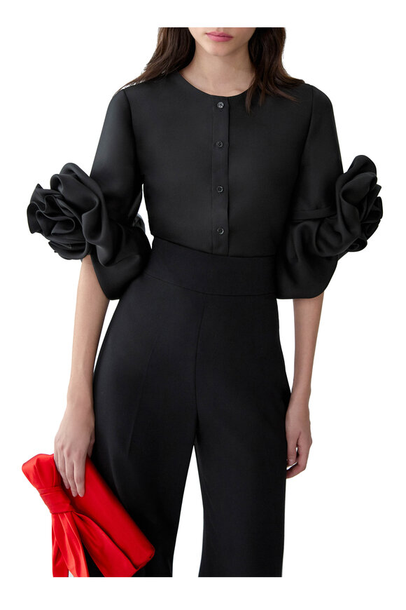 Carolina Herrera Gazar Black Three Quarter Sleeve Rosette Blouse - view 4