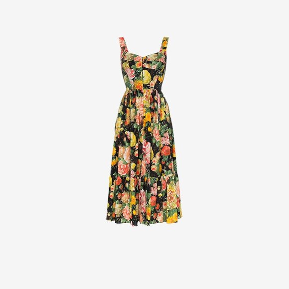 Dolce & Gabbana - Black & Yellow Floral Printed Fit-To-Flare Dress