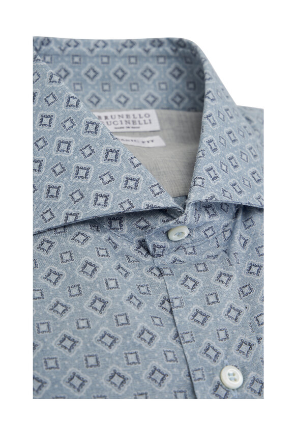 Brunello Cucinelli - Light Blue Geometric Print Cotton Sport Shirt 