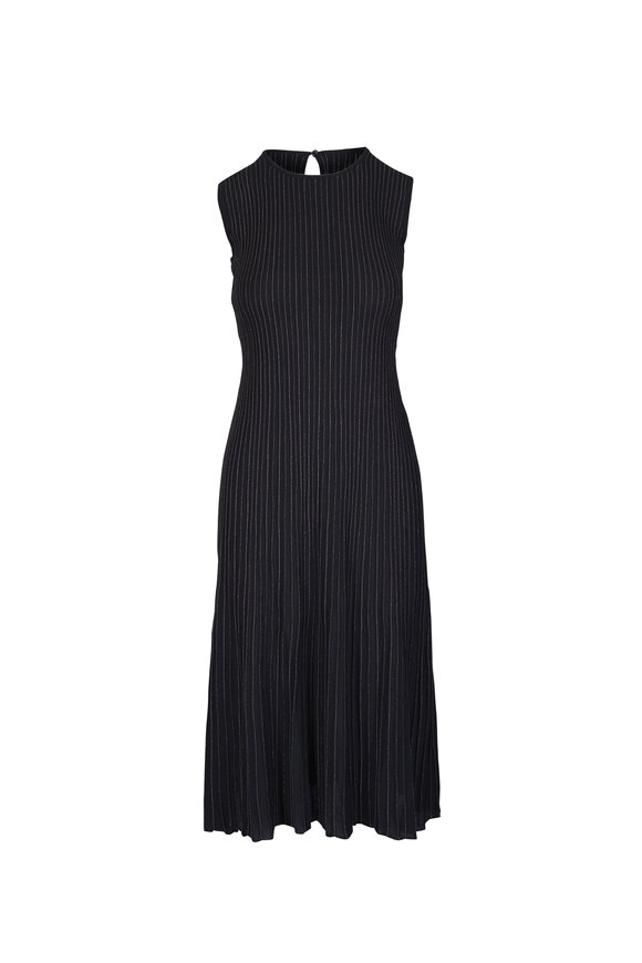 Akris Metallic Gold Pinstripe Fit & Flare Midi Dress