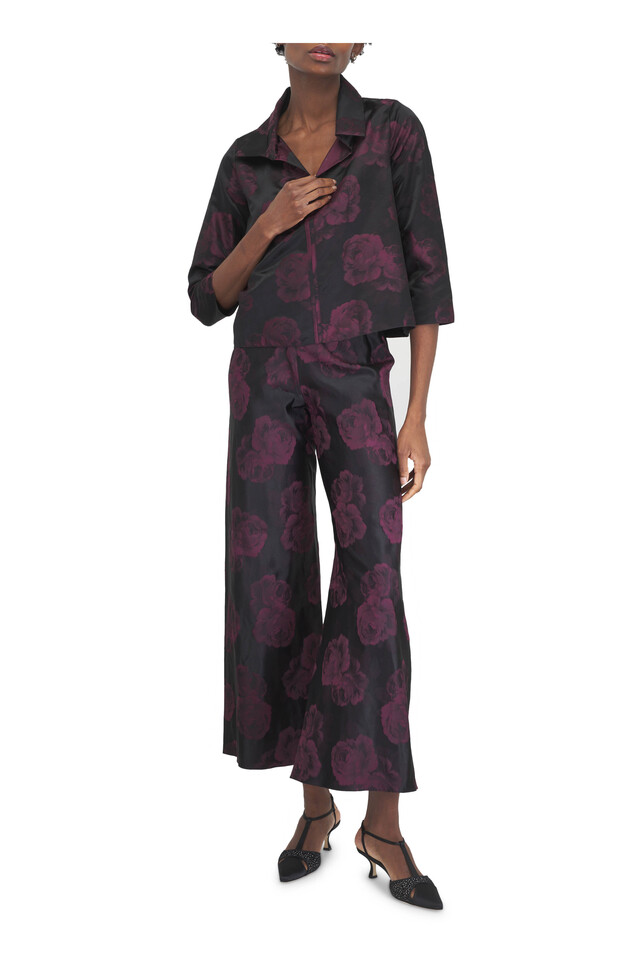 Designer outfit featuring Turgimodla Black Flocked Tulle T-Bar Pump, 50mm and Rogue Burgundy Silk Floral Camo Blouse