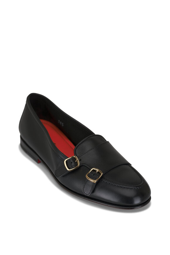 Santoni Carlos Black Leather Monkstrap Loafer 