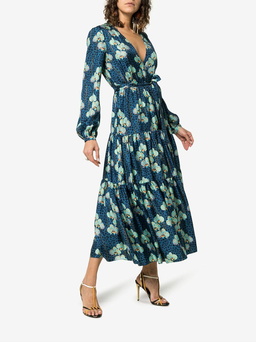 Borgo De Nor - Turquoise Silk Leopard Floral Print Maxi Dress