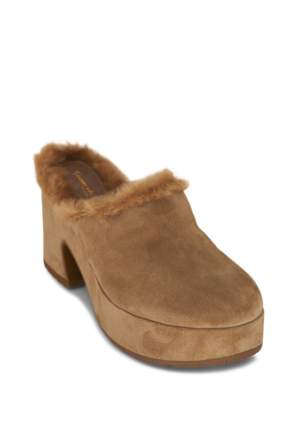 Gianvito Rossi Lyss Camel Suede & Shearling Clog, 85mm