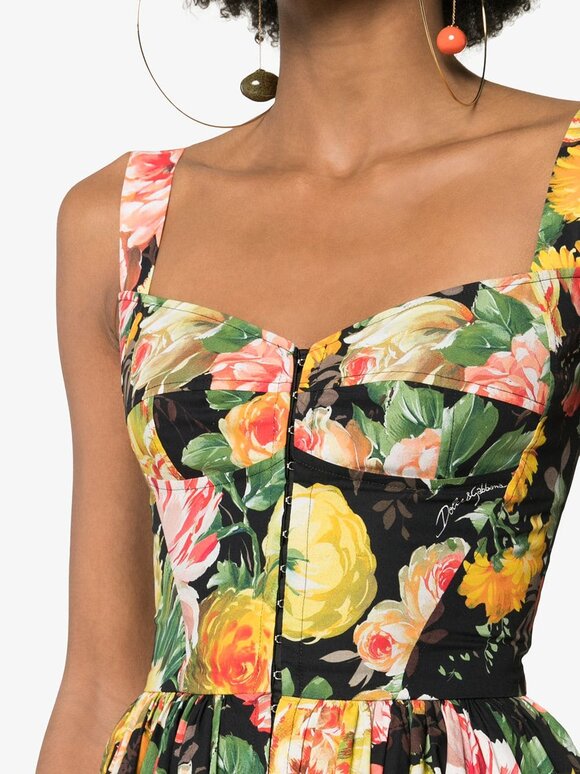 Dolce & Gabbana - Black & Yellow Floral Printed Fit-To-Flare Dress