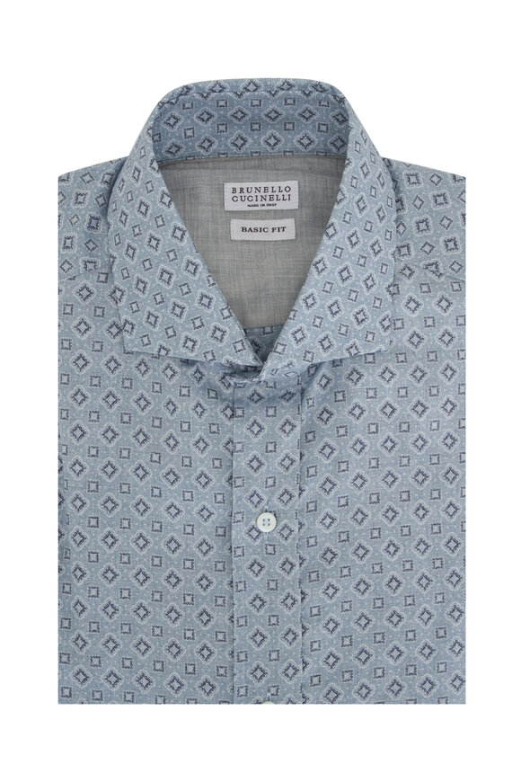 Brunello Cucinelli - Light Blue Geometric Print Cotton Sport Shirt 