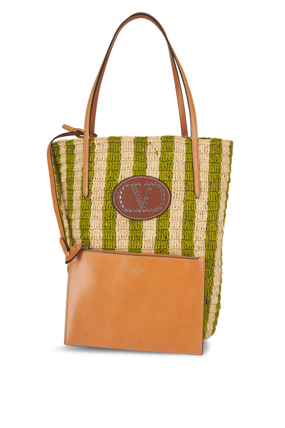 Valentino Garavani VLogo Green & Natural Stripe Raffia Tote - view 5