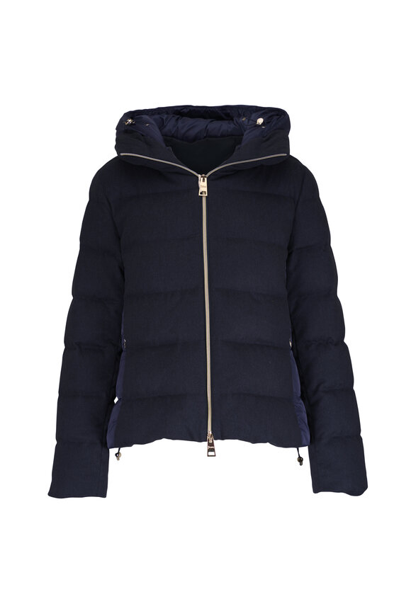 Herno Navy Silk & Cashmere Paneled Hooded Zip Jacket