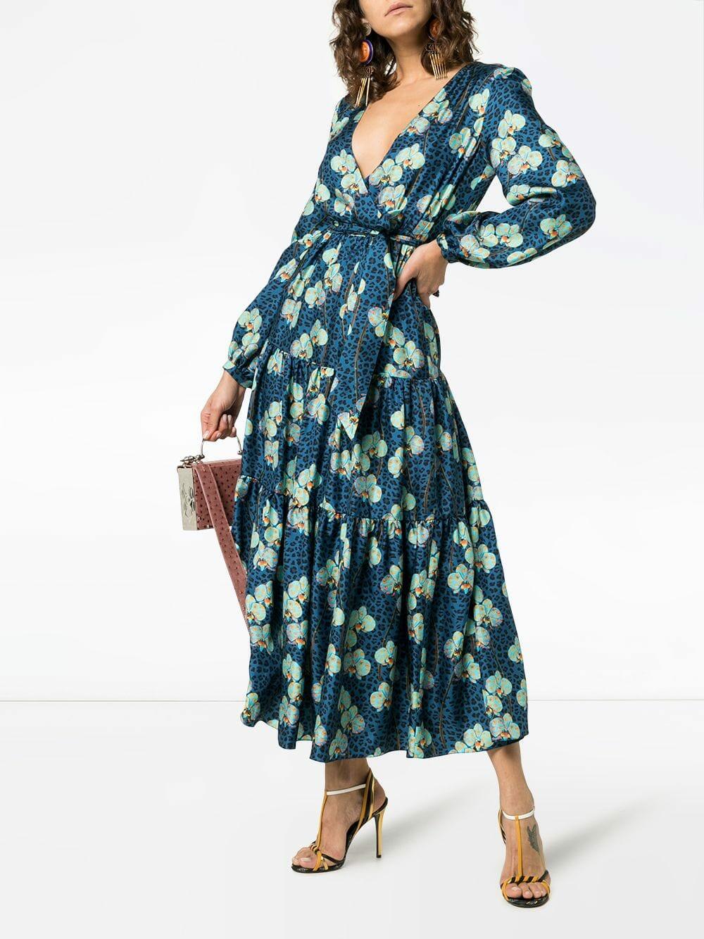 Borgo De Nor - Turquoise Silk Leopard Floral Print Maxi Dress