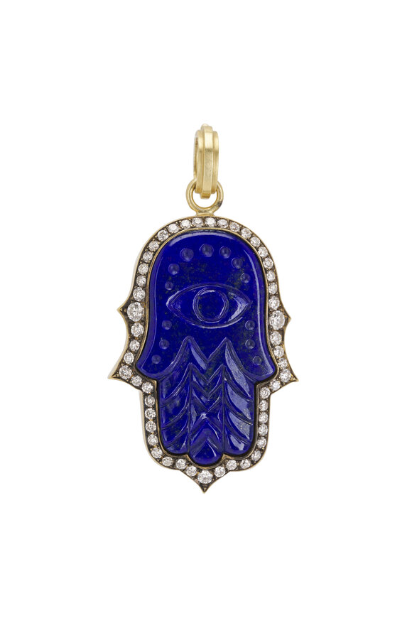 Sylva & Cie Diamond & Carved Lapis Hamsa Pendant 