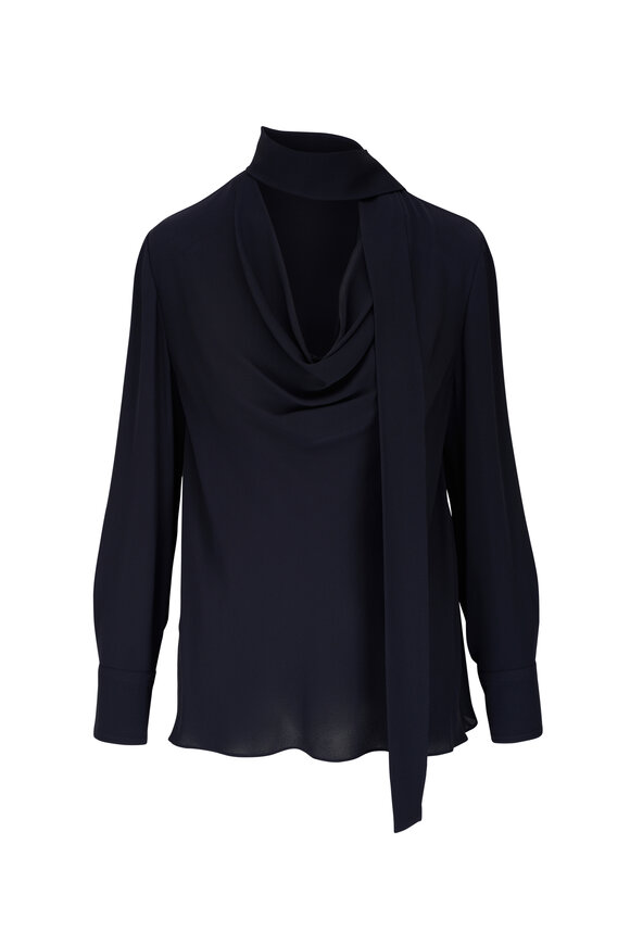 Valentino Navy Silk Georgette Tie Neck Top 