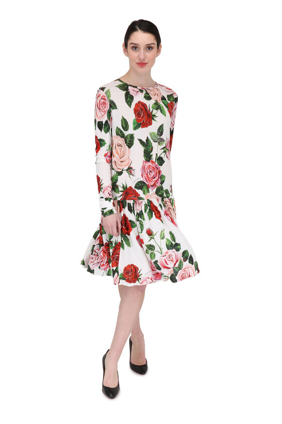 Dolce & Gabbana - White Rose Printed Swing Dress