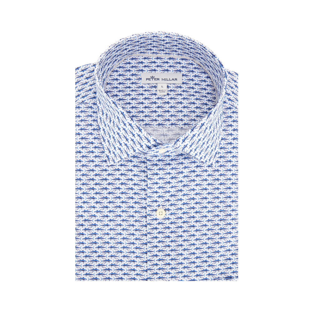 Peter Millar - White & Blue Fish Print Short Sleeve Sport Shirt