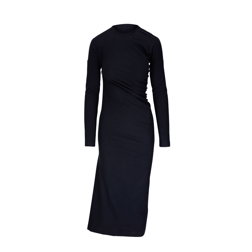 Totême - Navy Blue Twisted Flannel Midi Dress | Mitchell Stores