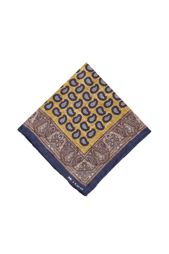 Kiton Yellow & Navy Paisley Silk Pocket Square - view 1