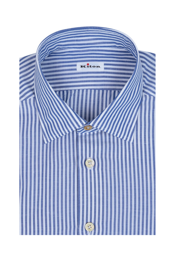 Kiton - Navy Blue & White Striped Dress Shirt 