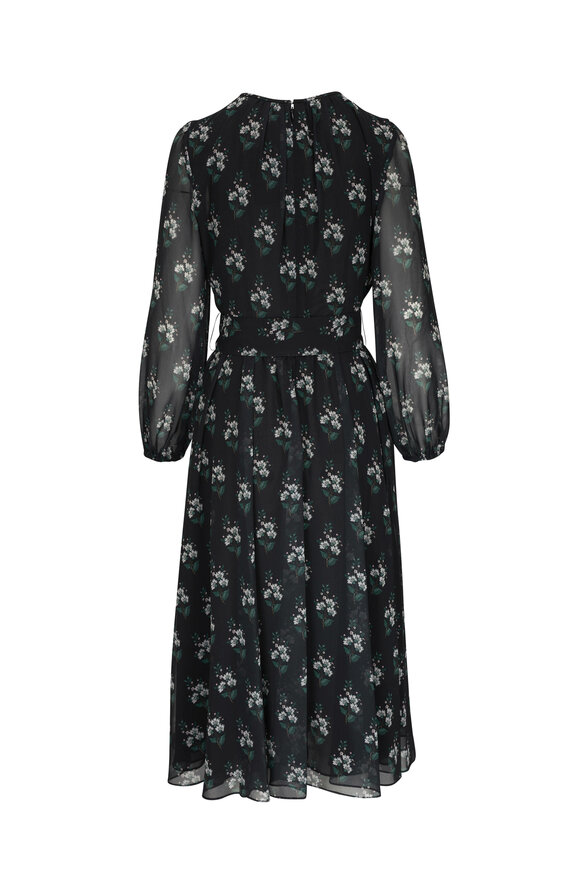 Carolina Herrera - Black Multi Bouquet Print Belted Midi Dress
