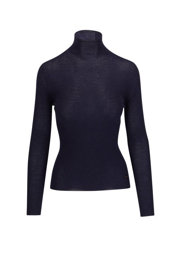 Akris - Navy Fine Ribbed Mockneck Knit Top 