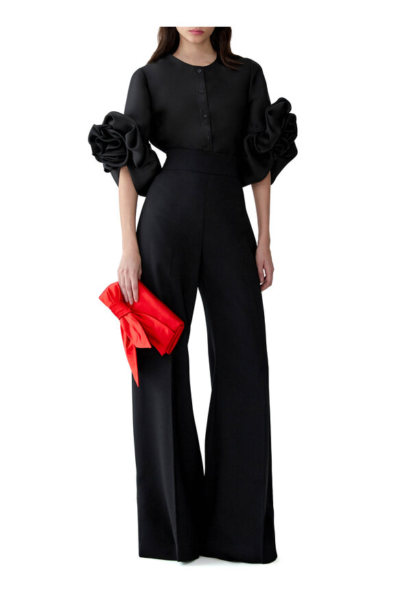 Carolina Herrera Gazar Black Three Quarter Sleeve Rosette Blouse - view 2