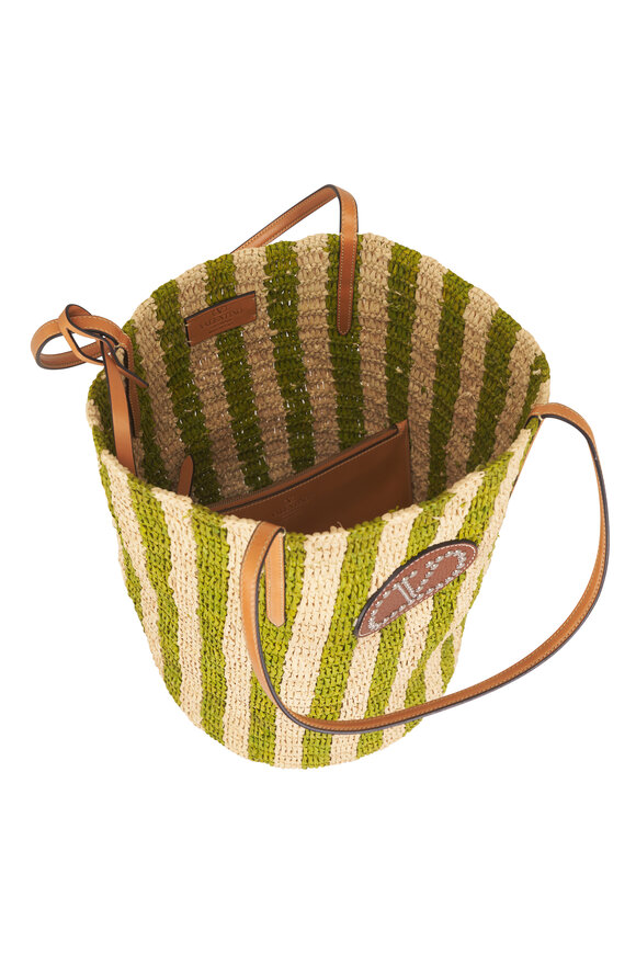 Valentino Garavani VLogo Green & Natural Stripe Raffia Tote - view 6