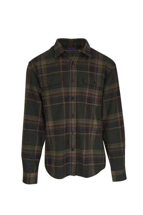 Ralph Lauren Purple Label Dark Moss Wool Plaid Shirt
